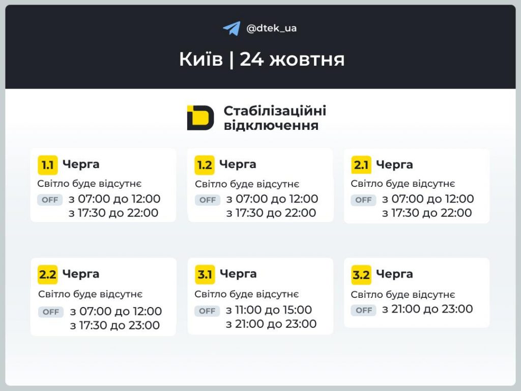 Стабілізаційні відключення світла 24 жовтня: графік для Києва та області (оновлено), як перевірити свою чергу