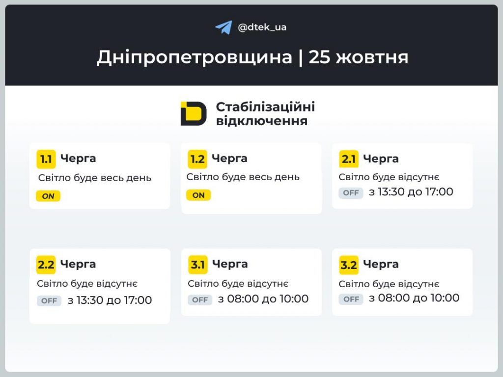 Графіки відключень світла 25 жовтня