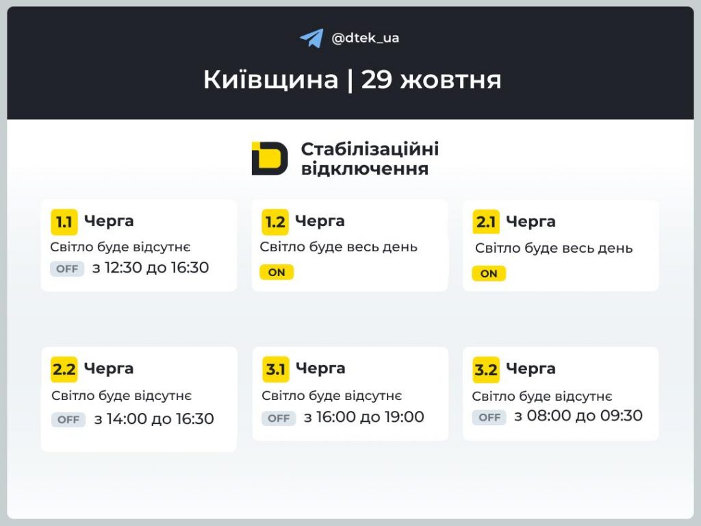 Графіки відключень світла на 29 жовтня