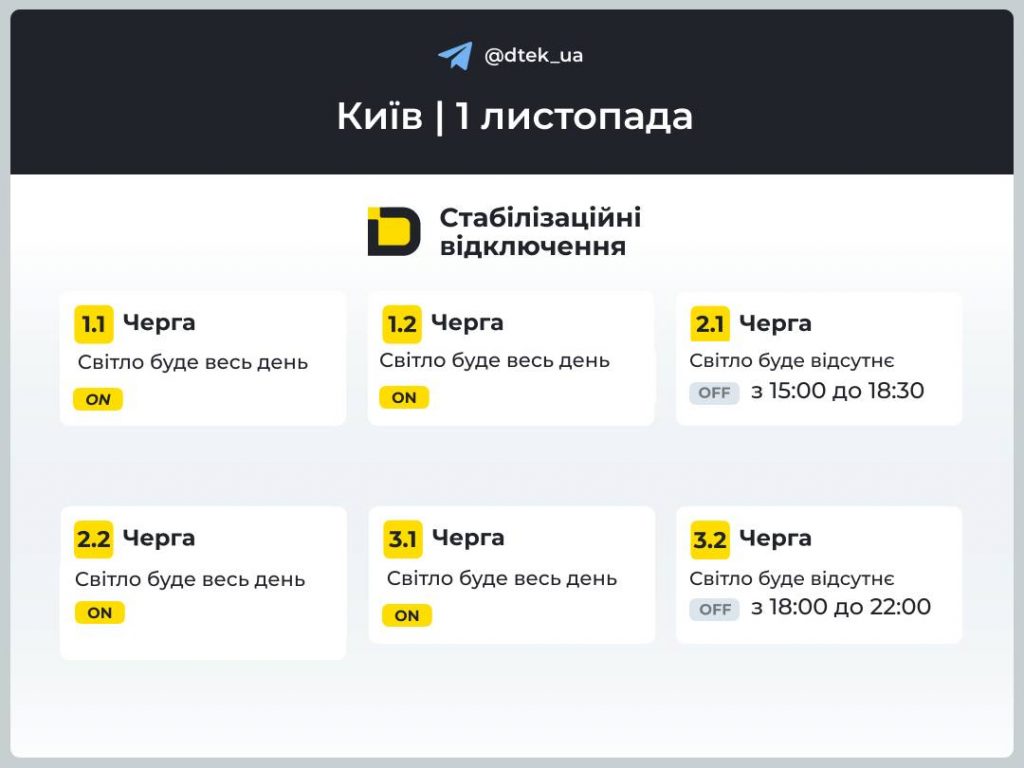 Графік відключень на 1 листопада