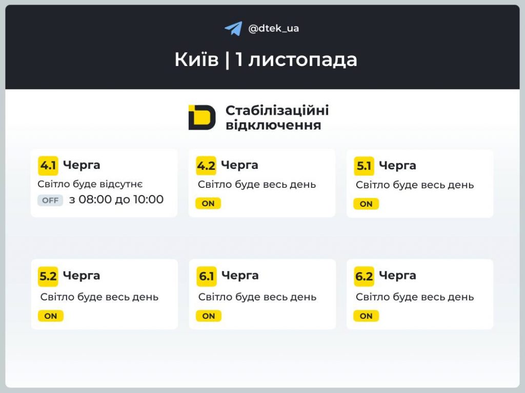 Графік відключень на 1 листопада