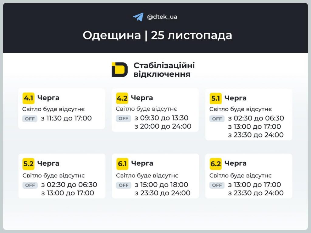 Графіки відключень світла на Одещині 25 листопада 2025: де мешканцям шукати свою чергу та актуальні оновлення