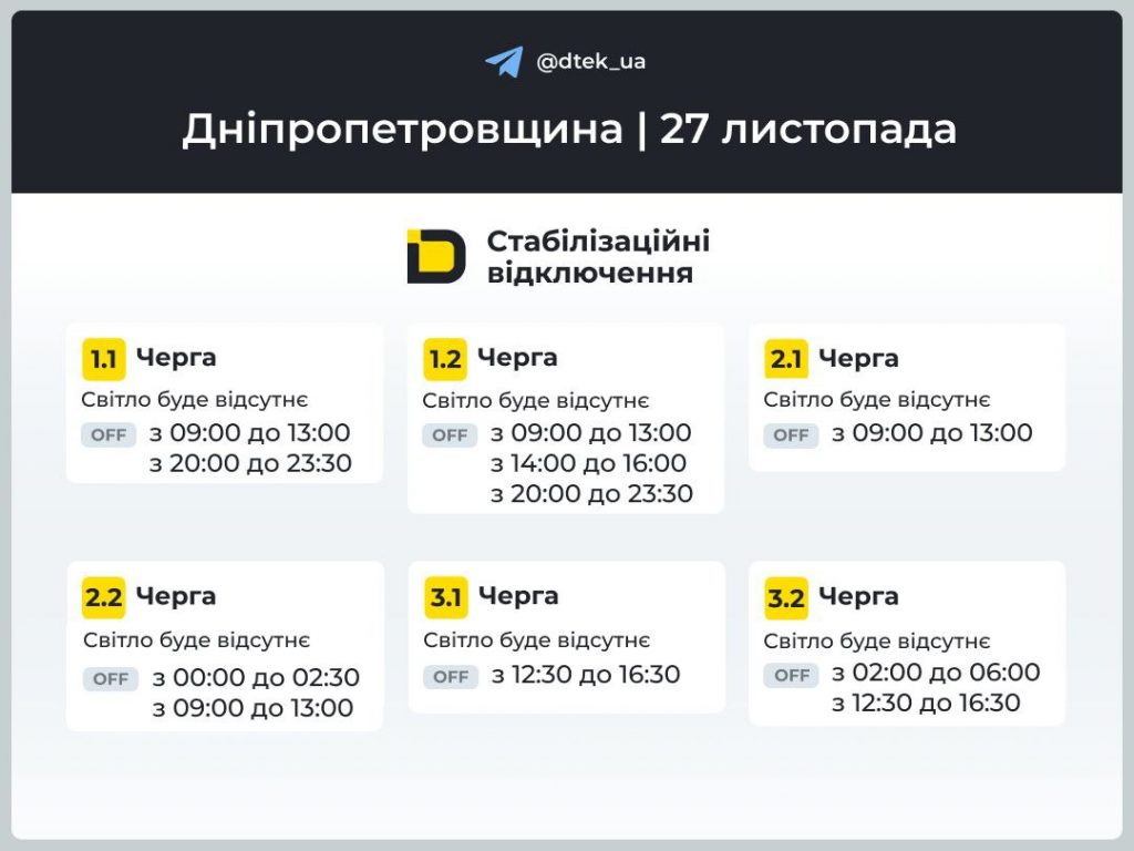 Графіки відключень світла на Дніпропетровщині 27 листопада 2025: як перевірити свою чергу та де дивитись оновлення