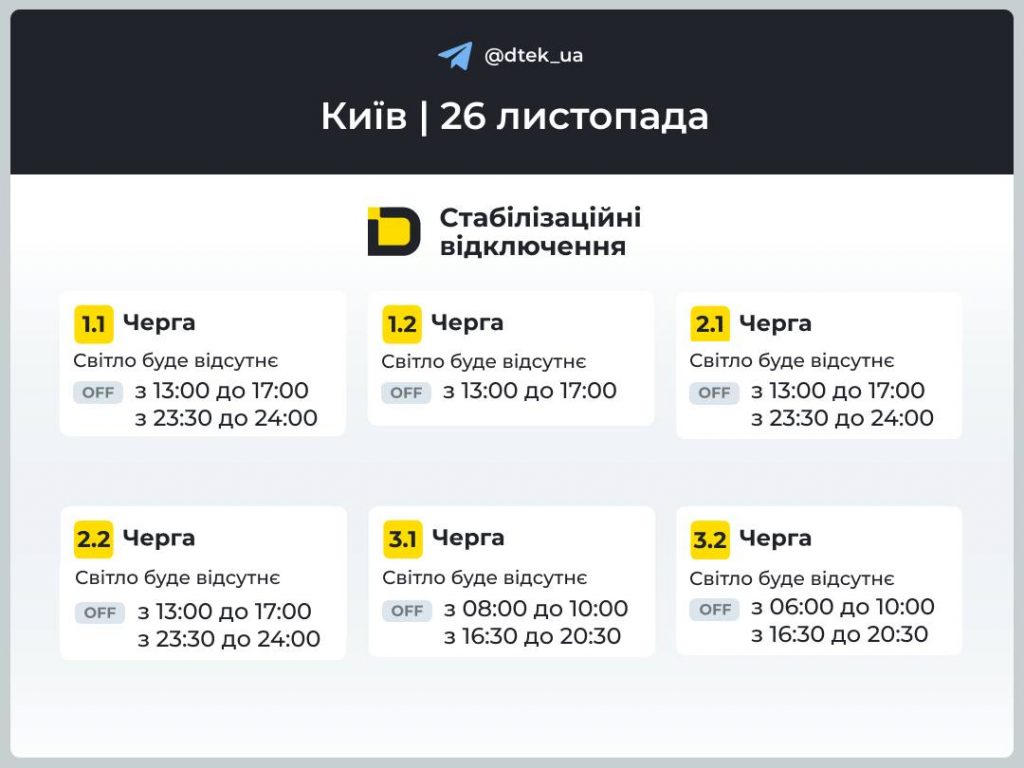 Детальна інформація про черги відключень та графіки для Києва та області на 26 листопада