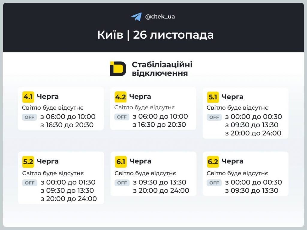 Детальна інформація про черги відключень та графіки для Києва та області на 26 листопада