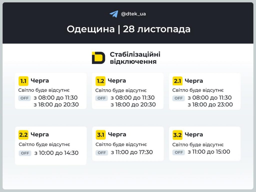 Графіки відключень світла для Одещини на 28 листопада 2025