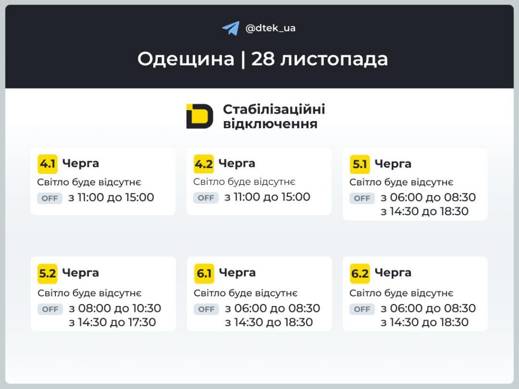 Графіки відключень світла для Одещини на 28 листопада 2025