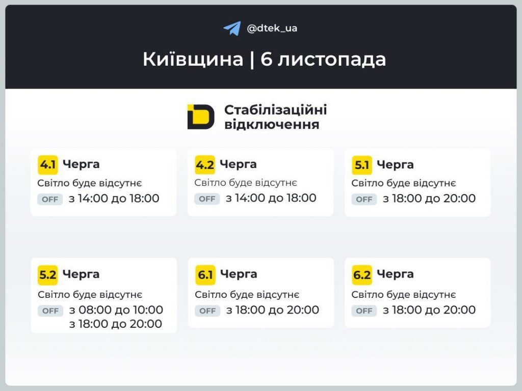 Відключення світла у Києві та області 6 листопада 2025 року: актуальні графіки ДТЕК, черги та поради, як підготуватися