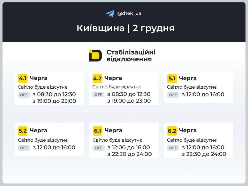 Графіки відключення світла для Києва та області на 2 грудня