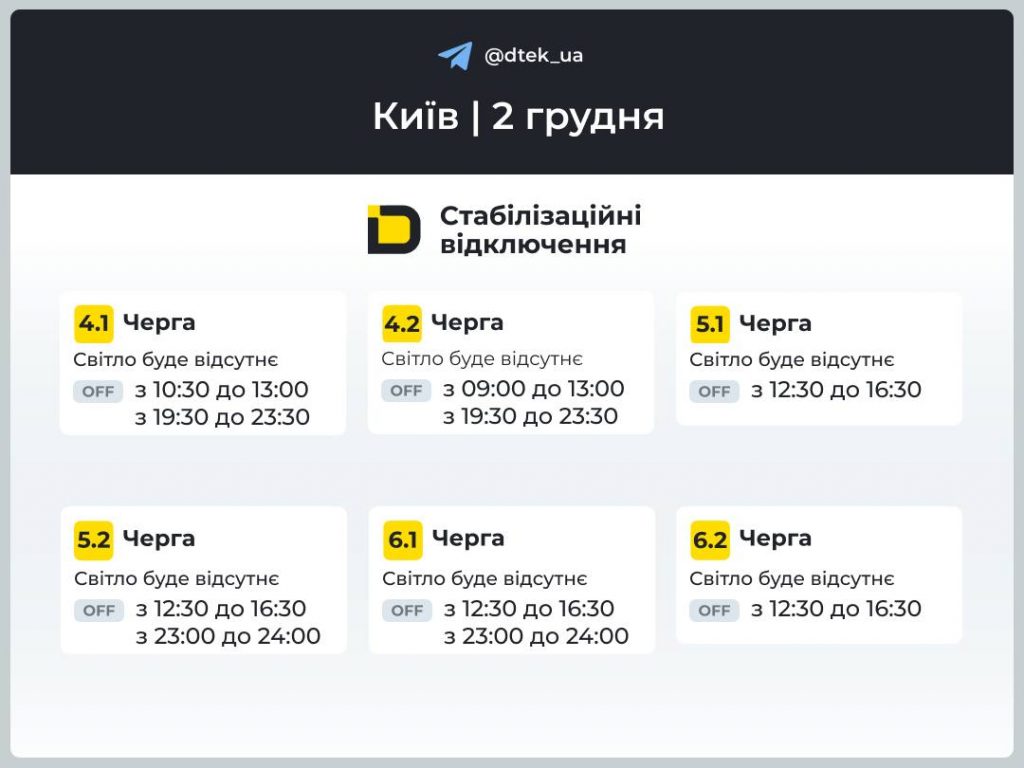 Графіки відключення світла для Києва та області на 2 грудня