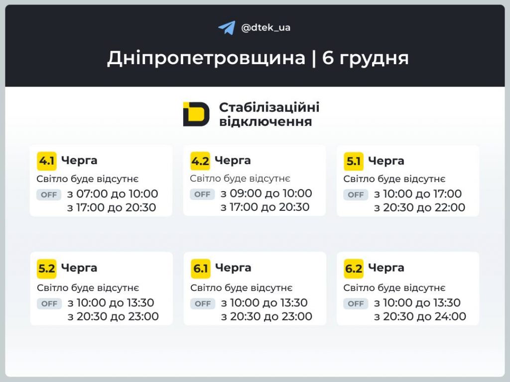 Графіки відключень світла для Дніпропетровщини на 6 грудня: де дивитись черги та оновлення