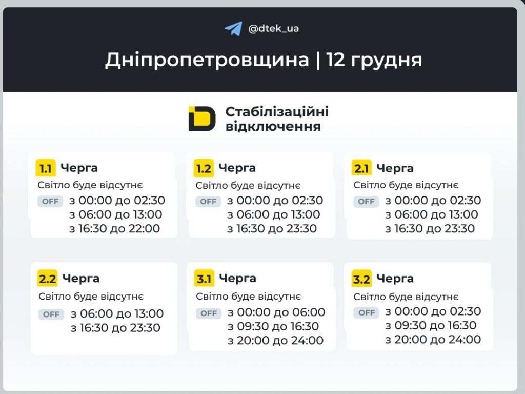 Відключення світла на Дніпропетровщині 12 грудня: актуальні графіки та черги