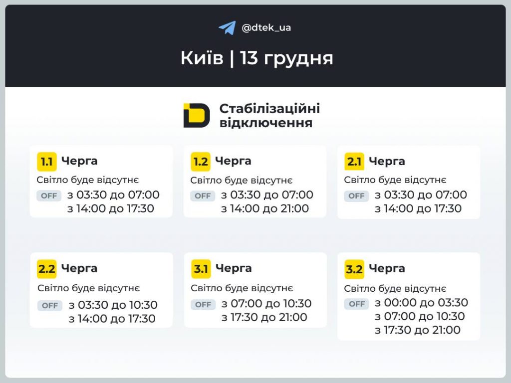 Київ та Київщина 13 грудня: актуальні графіки відключень світла та черга ДТЕК
