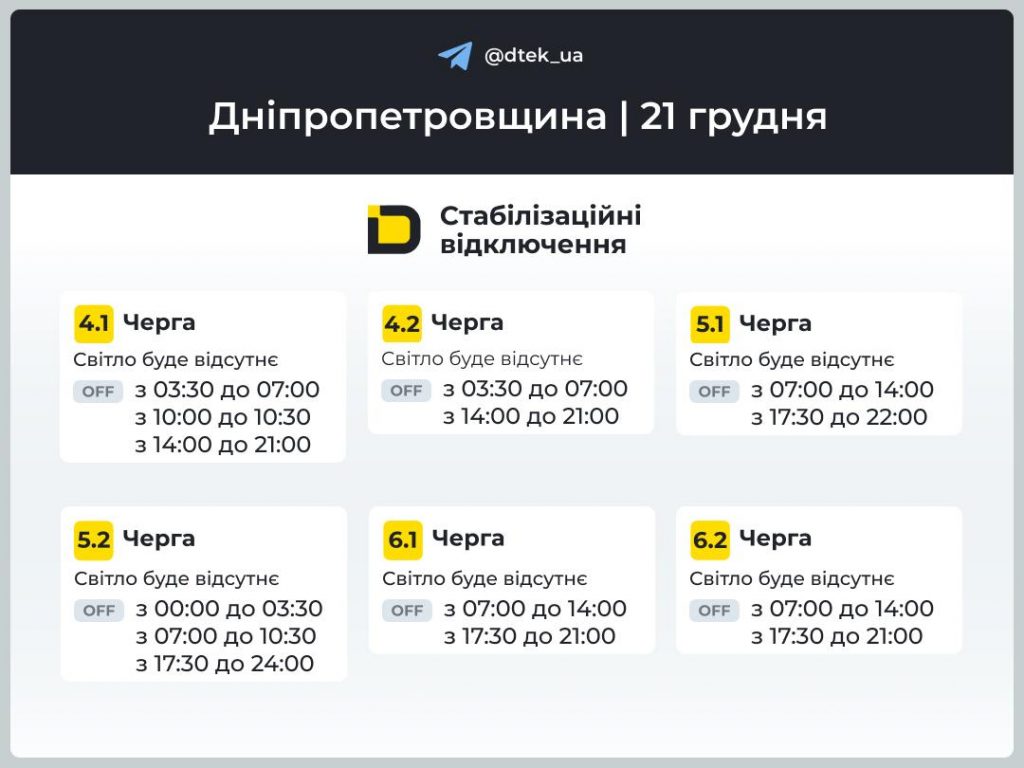 Графіки відключення світла для Дніпра та області на 21 грудня: онлайн перевірка