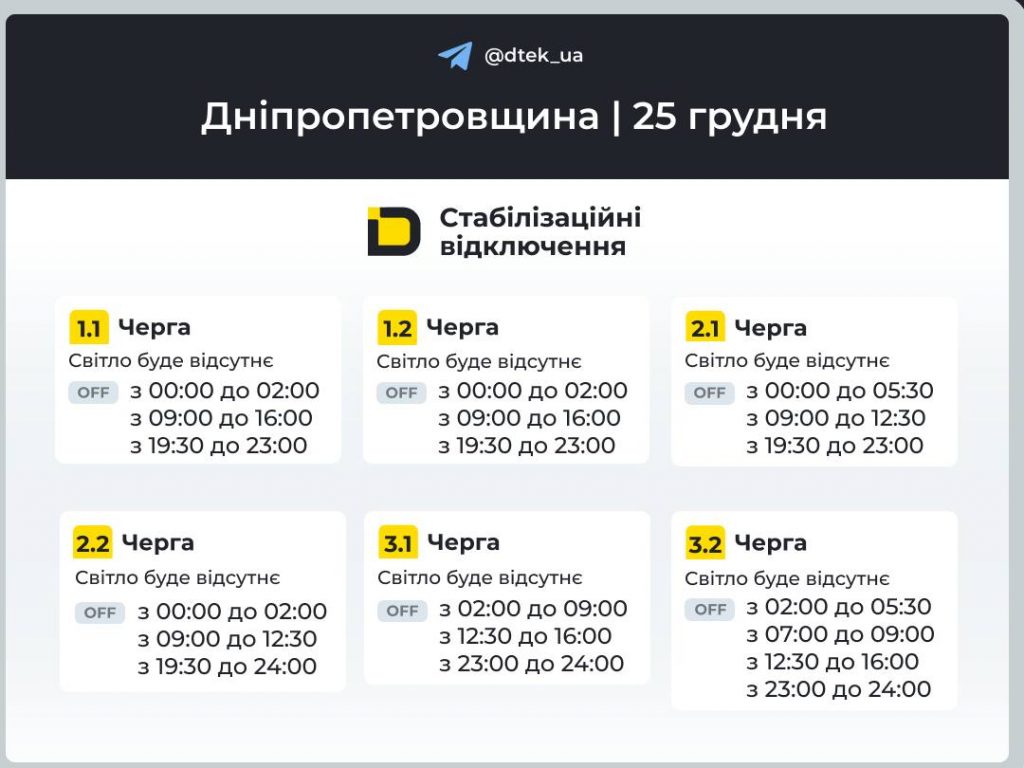 Відключення світла на Дніпропетровщині 25 грудня 2025: де дивитись графіки та черги