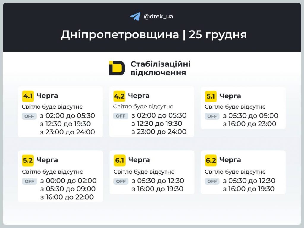 Відключення світла на Дніпропетровщині 25 грудня 2025: де дивитись графіки та черги