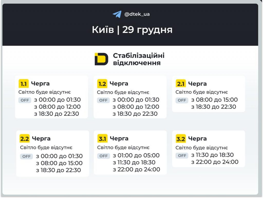 Відключення світла у Києві 29 грудня: стабілізаційні для Правого і екстрені для Лівого берега