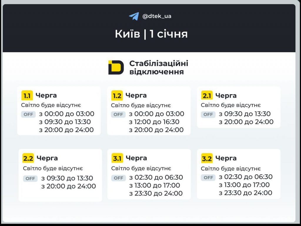 Стабілізаційні відключення світла у Києві 1 січня 2026 року: що відомо