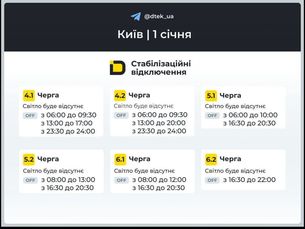 Стабілізаційні відключення світла у Києві 1 січня 2026 року: що відомо