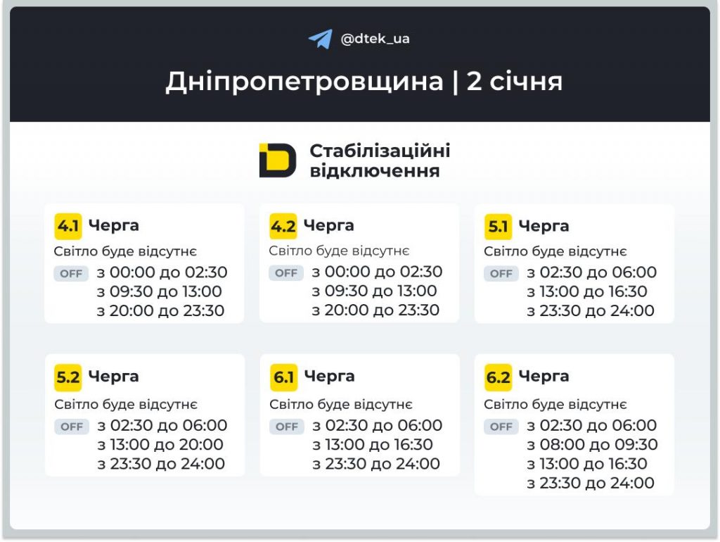 Відключення електроенергії на Дніпропетровщині 2 січня 2026 року: що потрібно знати