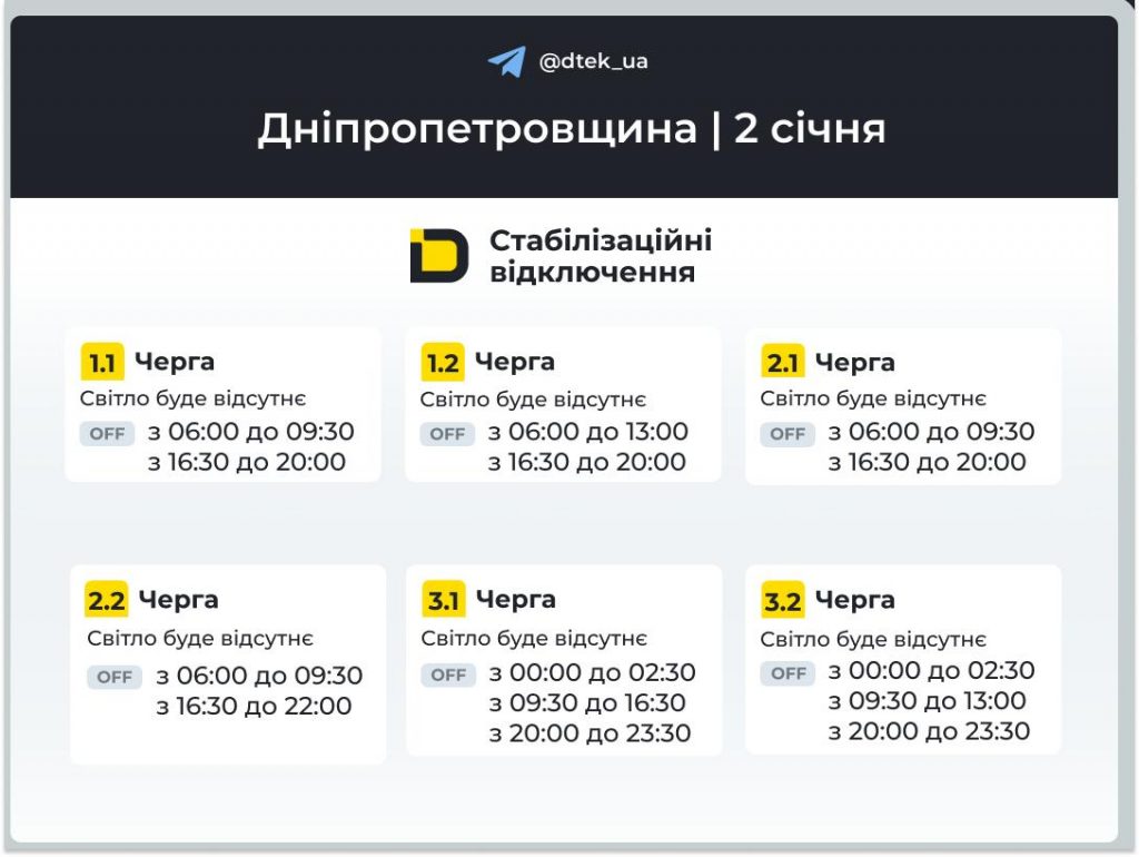 Відключення електроенергії на Дніпропетровщині 2 січня 2026 року: що потрібно знати