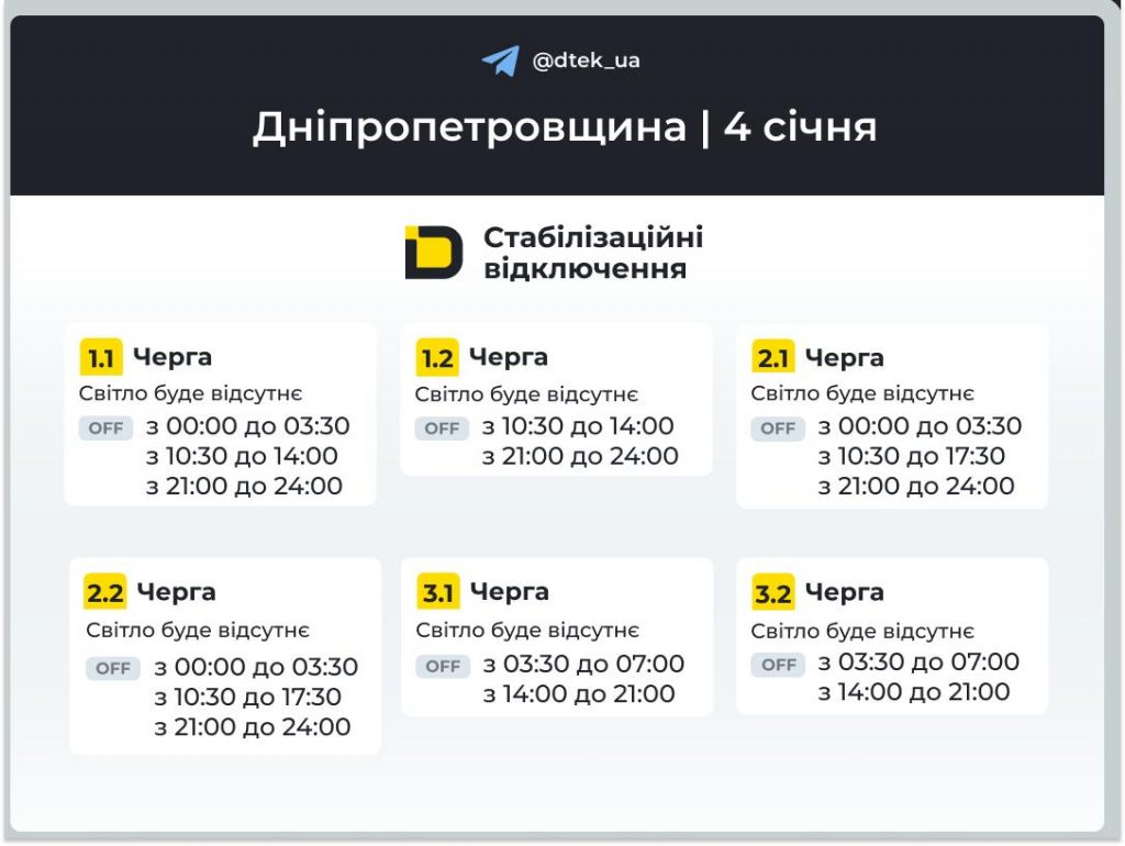 Відключення світла на Дніпропетровщині 4 січня 2026: графік ДТЕК та де дивитися черги