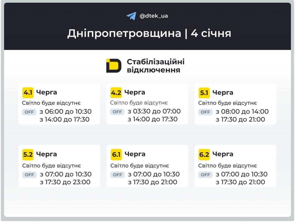 Відключення світла на Дніпропетровщині 4 січня 2026: графік ДТЕК та де дивитися черги