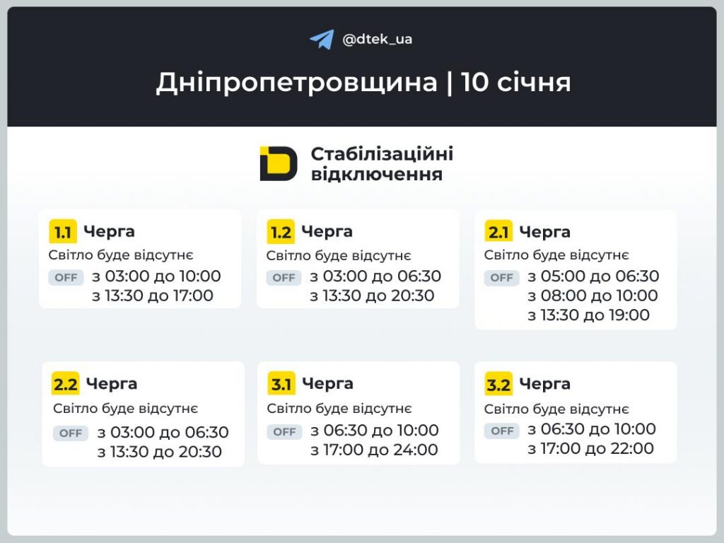 Відключення електроенергії на Дніпропетровщині 10 січня: як працюють графіки та черги