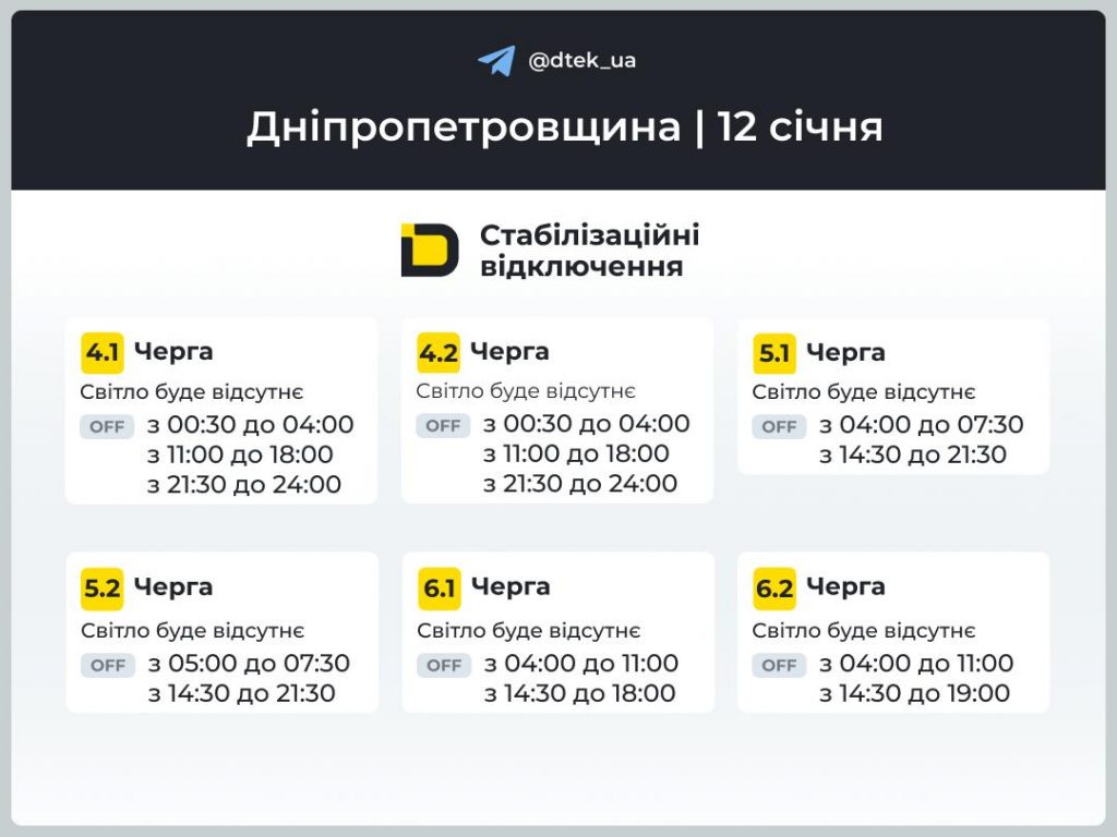 Відключення світла на Дніпропетровщині 12 січня 2026: стабілізаційні графіки та перевірка черг