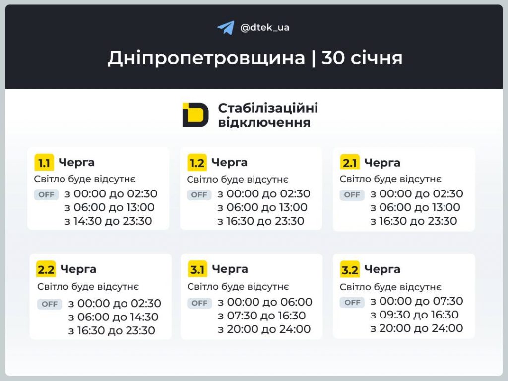 Відключення світла на Дніпропетровщині 30 січня: актуальні графіки та як дізнатися свою чергу