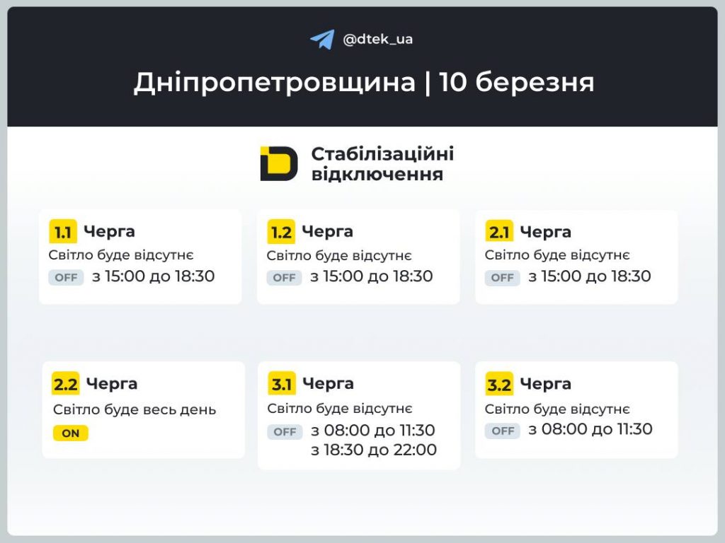 Графіки відключень світла для Дніпропетровщини на 10 березня: корисні посилання та поради мешканцям