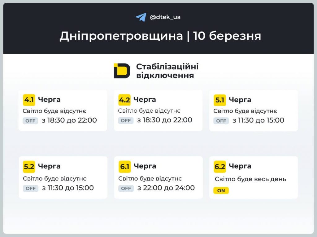 Графіки відключень світла для Дніпропетровщини на 10 березня: корисні посилання та поради мешканцям